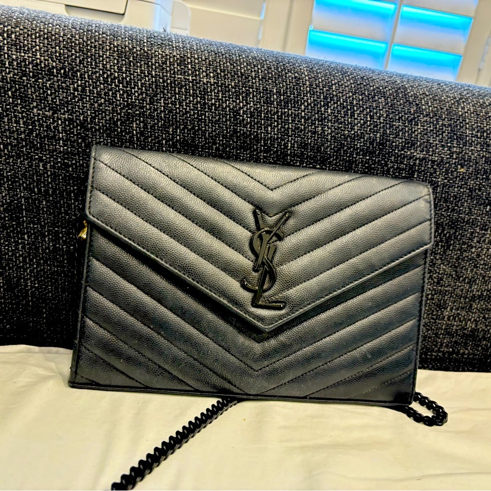 YSL Monogram Small Wallet on Chain in Grained Leather